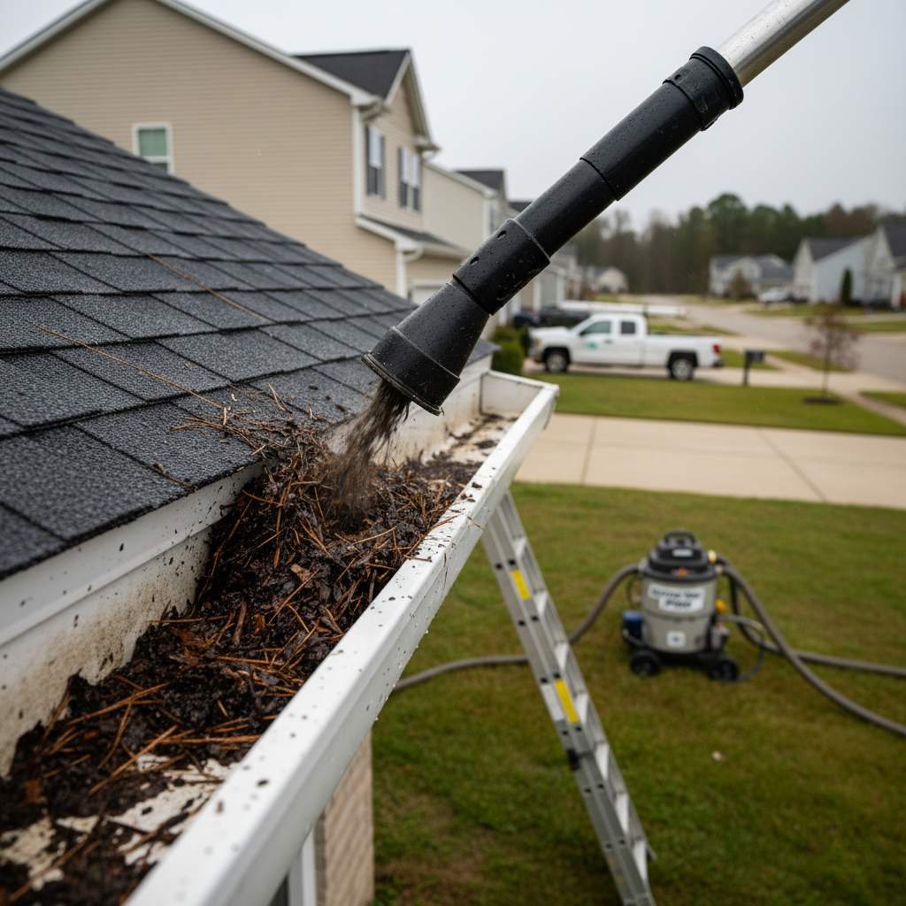 Professional gutter cleaning removing leaves and debris from a residential roof in Grants Pass, Oregon